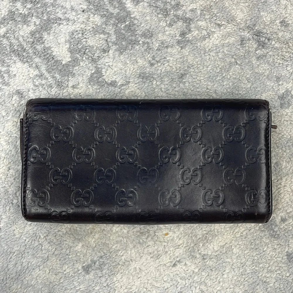 Gucci Leather Embossed GG Long Snap Wallet Dark Brown Interlocking GG